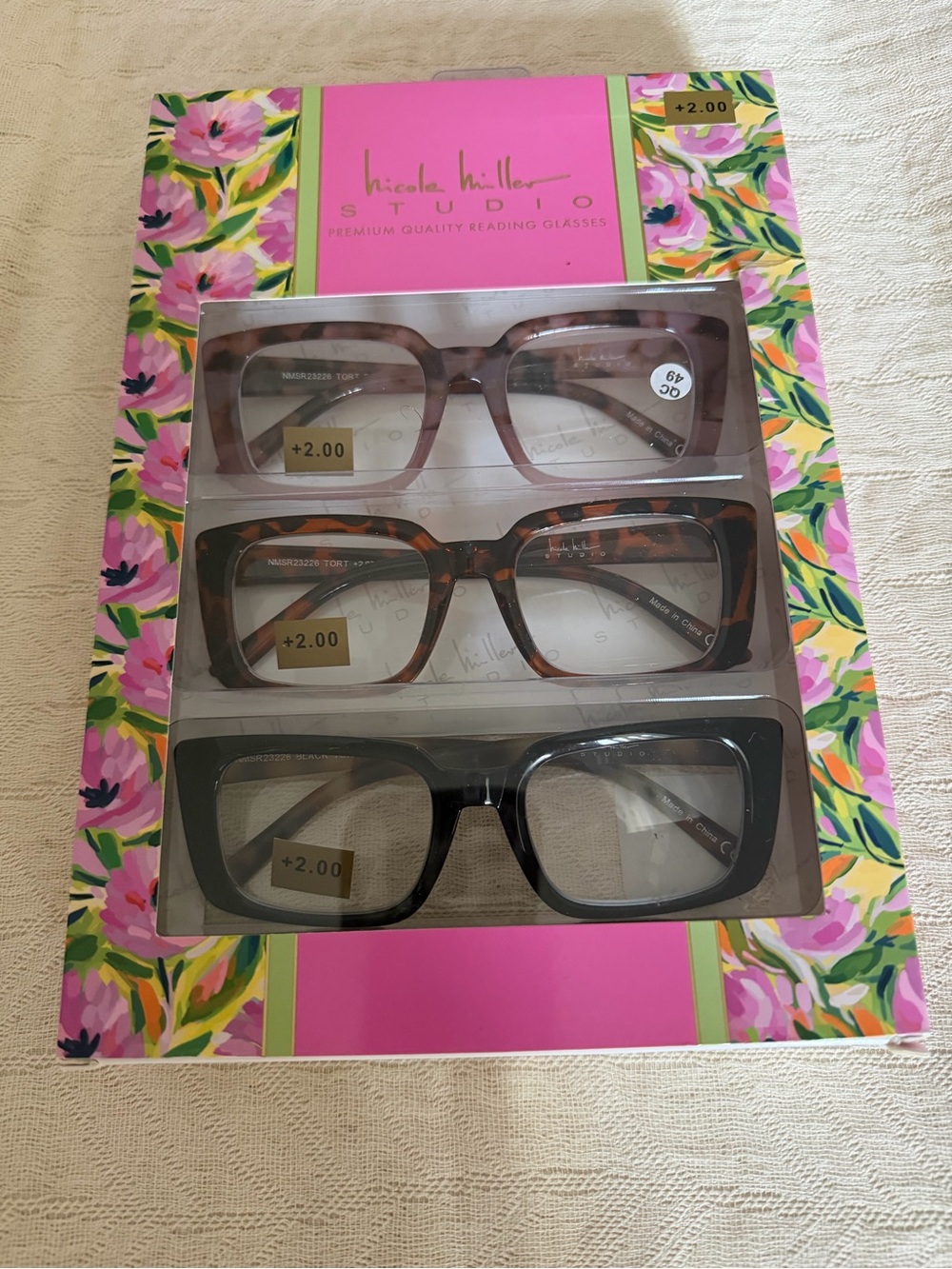 Nicole Miller Three-Pack Reading Glasses - Pink, Tortoise, Black